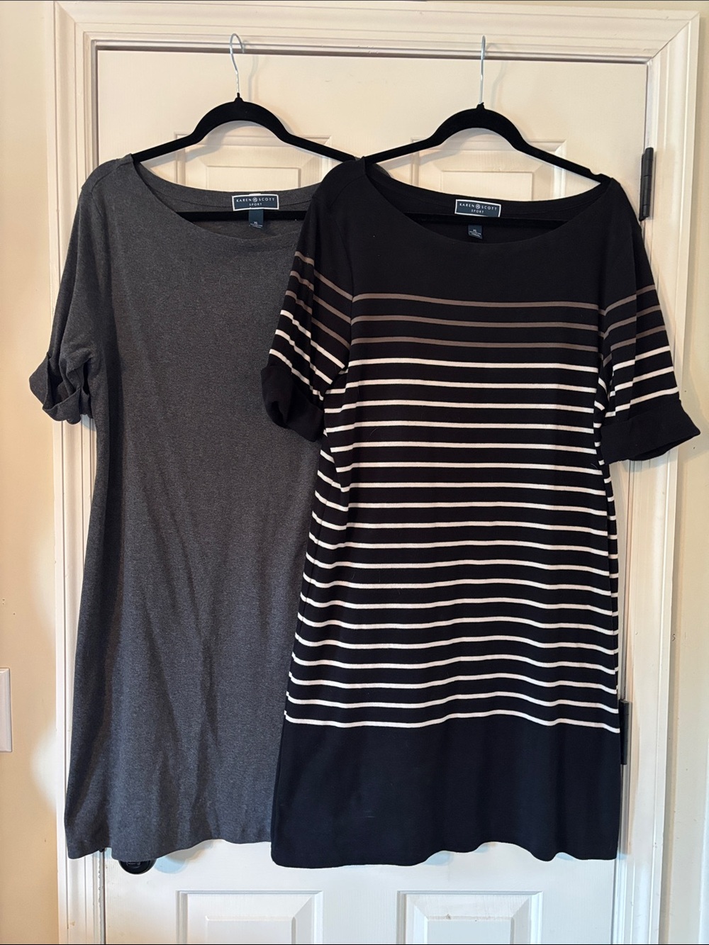 Karen Scott Sport Black & Gray Stripe Shift Dress